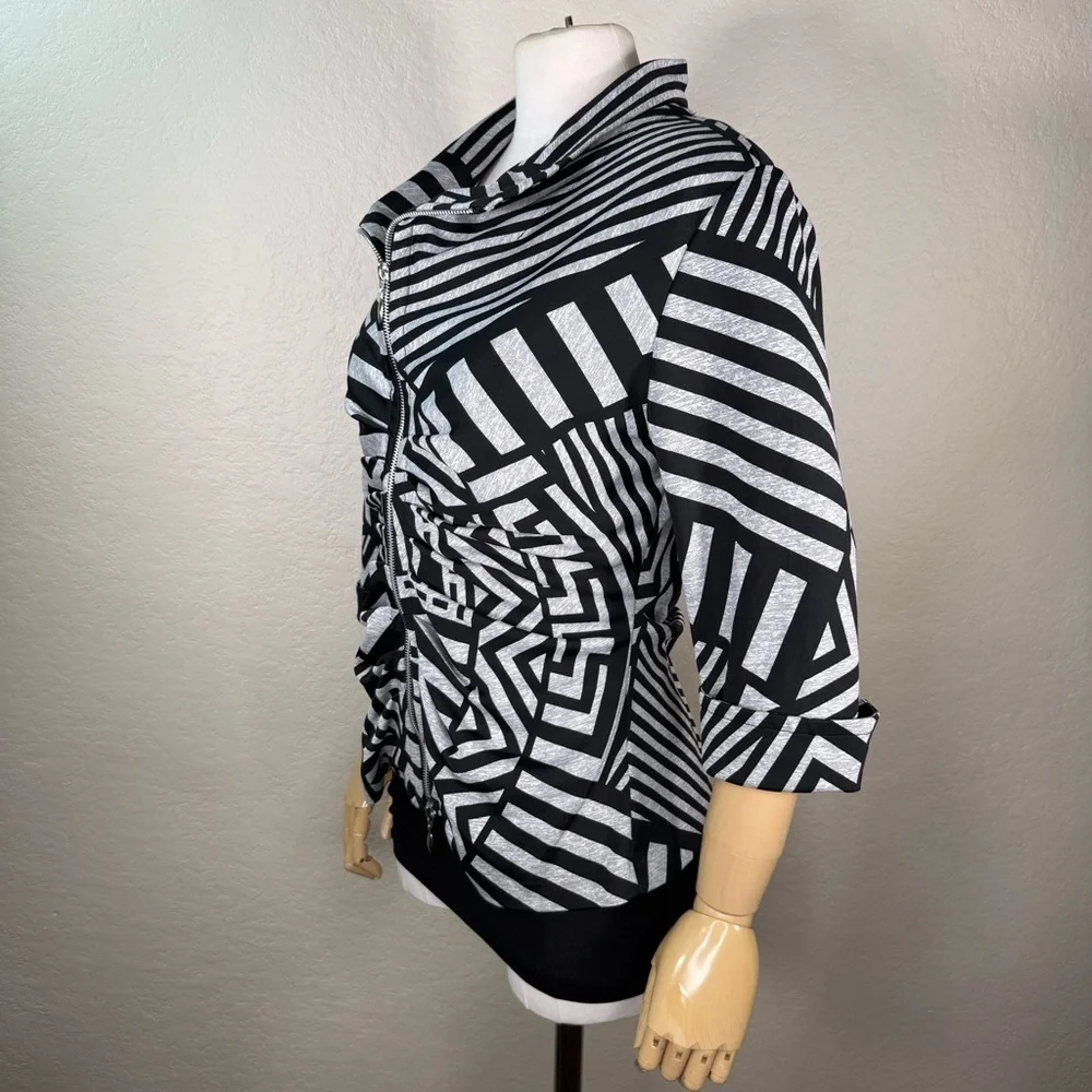 Joseph Ribkoff Geometric Ruched Striped Fitted Zip Blazer Light Jacket SZ 10 EUC
